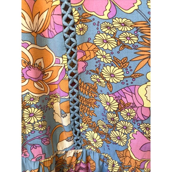 Babydoll Hippie Boho Top XL Blue Orange Retro Floral Short Sleeve Funky Grunge - Picture 2 of 13